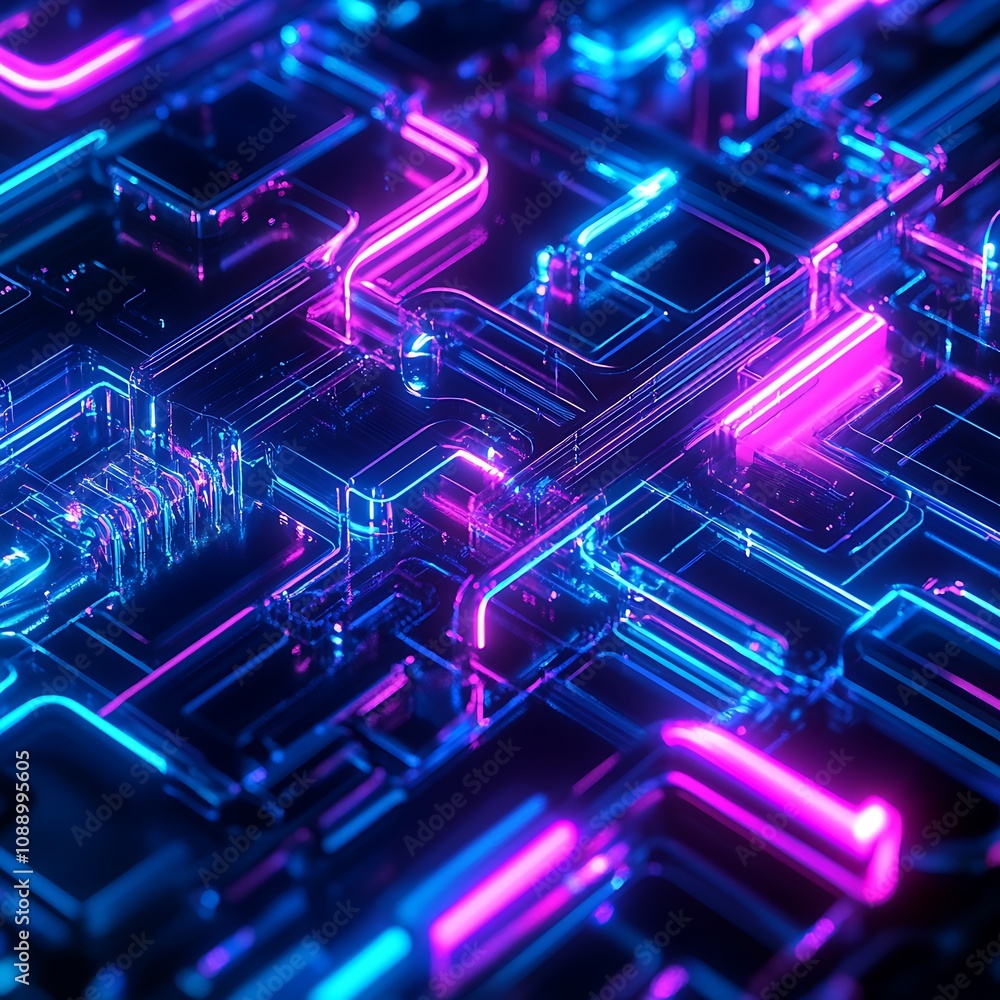 Poster futuristic abstract circuit board design with neon lights and glowing effect, featuring intricate pa