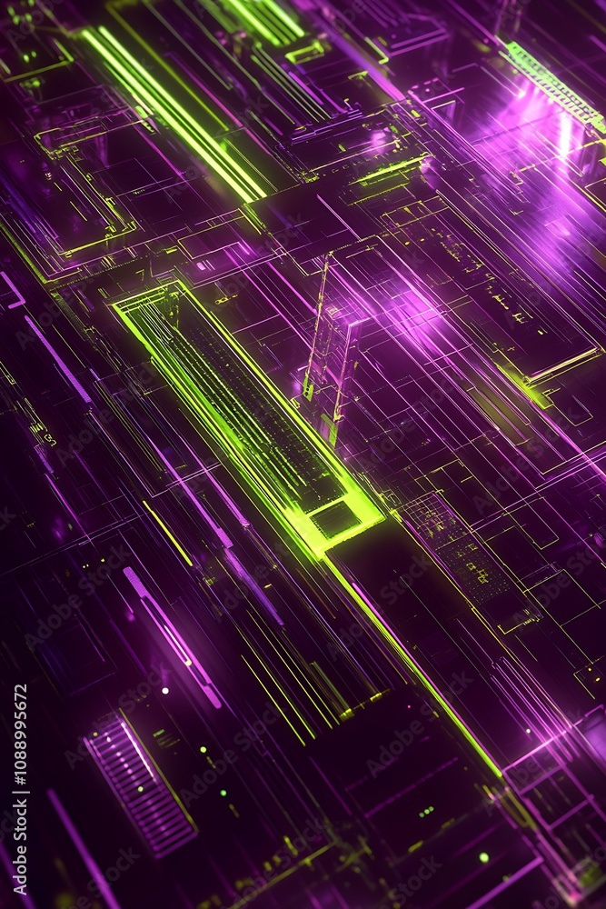 Poster futuristic abstract circuit board design with vibrant purple and green glow on dark background repre