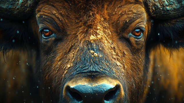 Close-up of bison face with intense gaze, detailed fur texture, wild animal, powerful, nature portrait, earthy tones, wilderness, wildlife, strength, natural beauty