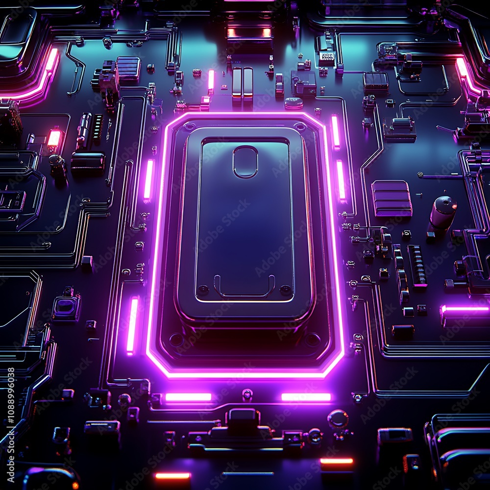 Poster futuristic abstract close-up of a circuit board with neon highlights and high-tech components ideal 