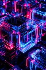 Futuristic Abstract Composition with Neon Lights Displaying Transparent Cubes in Vibrant Blue and Magenta Colors Creating a Stunning Visual Effect