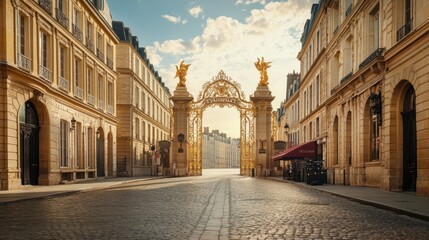 Fototapeta premium Golden gates of a historic entryway in a charming European city during sunrise, featuring elegant architecture and cobblestone streets inviting exploration.