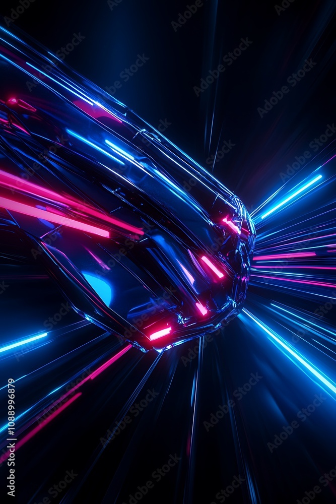 Poster futuristic abstract design featuring bright neon lights and dynamic motion with a metallic hand reac