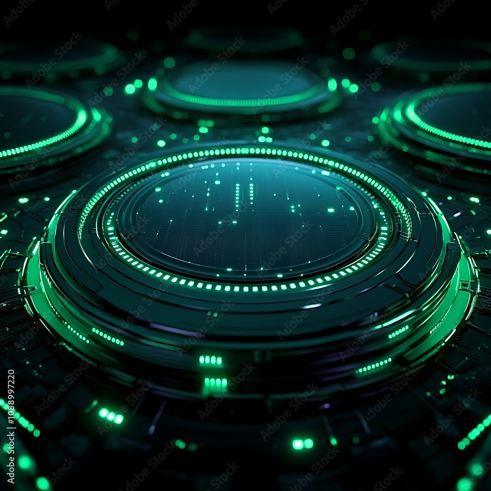 Poster futuristic abstract design with circular patterns and glowing green elements creating a high-tech di