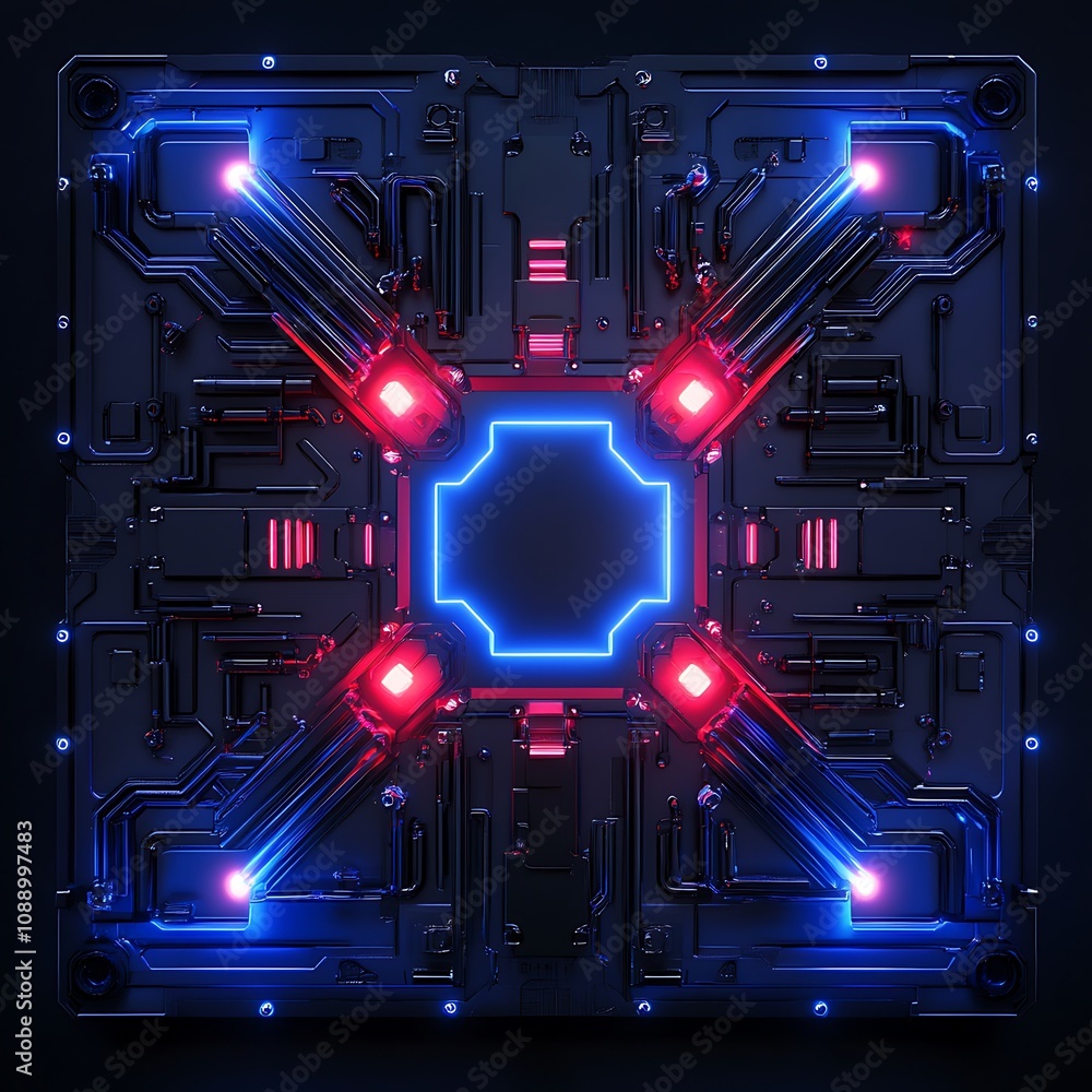 Poster futuristic abstract design with neon lights and geometric patterns in dark tone, perfect for technol