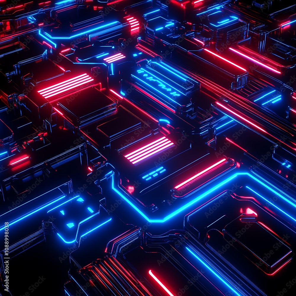 Poster futuristic abstract digital circuit board with glowing red and blue neon lights in a high-tech envir