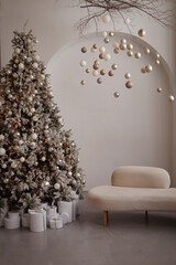 New Year interior. Beautiful big Christmas tree. Studio. Christmas balls. Close-up. Copyspace