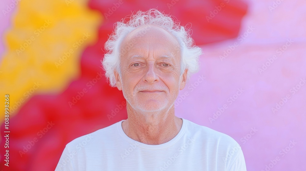 Poster captivating portrait of a senior man smiling against a vibrant background showcasing the essence of 