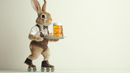 Rabbit is serving beer white background