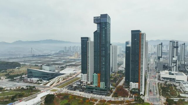 Drone View of Sejong City in South Korea, Park, Autumn, 60fps