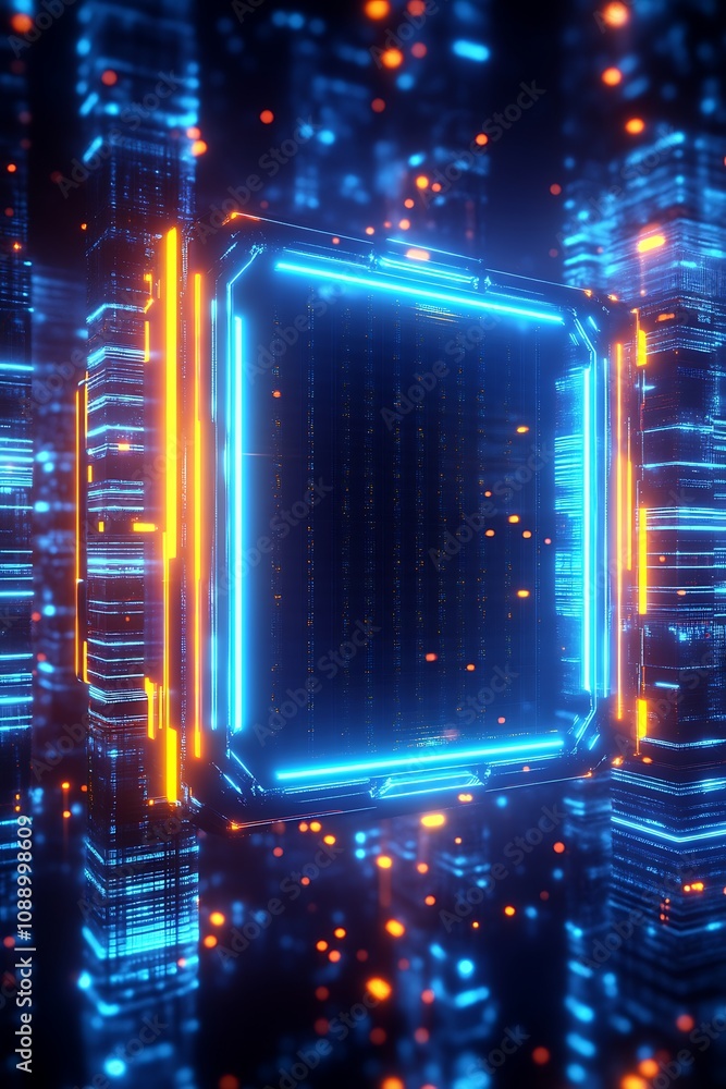 Poster futuristic abstract digital portal surrounded by glowing data streams and neon lights in a high-tech
