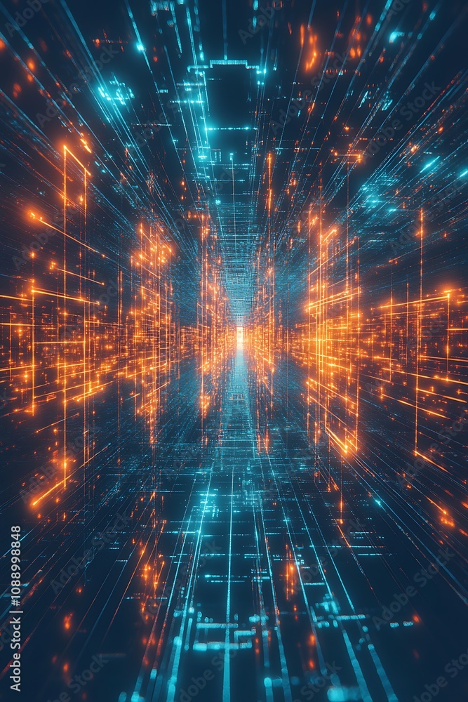 Poster futuristic abstract digital space with bright orange and blue light trails creating an illusory pers