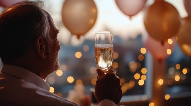 A retiree celebrates with friends, raising a glass among colorful decorations and balloons