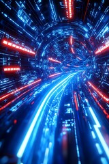 Fototapeta premium Futuristic Abstract Digital Tunnel with Glowing Blue and Red Lights, Representing Technology, Motion, and Data Flow in a Sci-Fi Environment