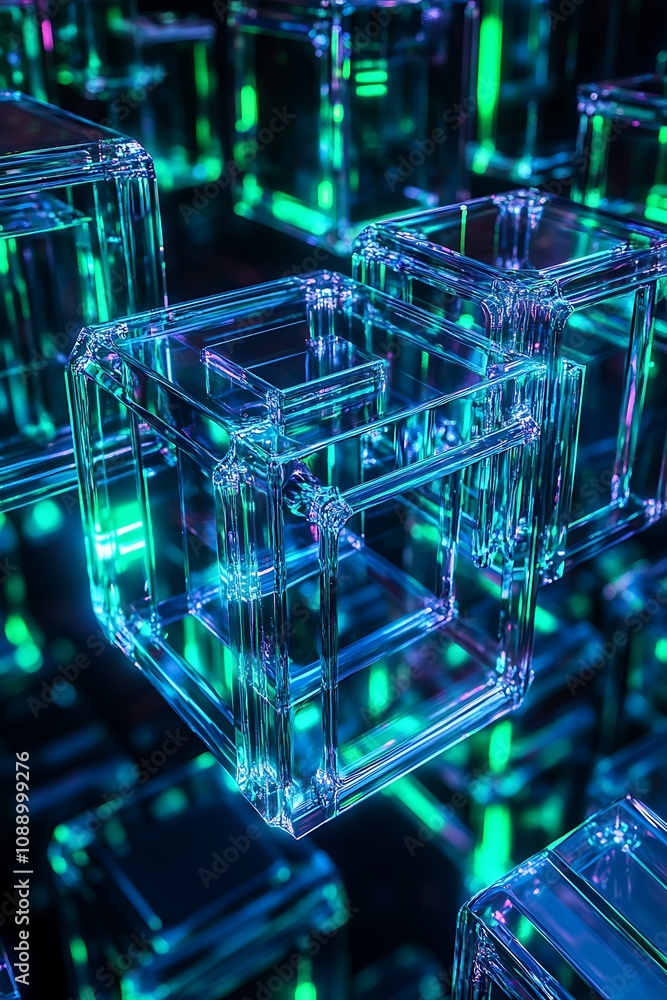 Poster Futuristic Abstract Installation of Transparent Cubes Illuminated with Neon Green and Blue Lights Creating a Hypnotic Visual Experience