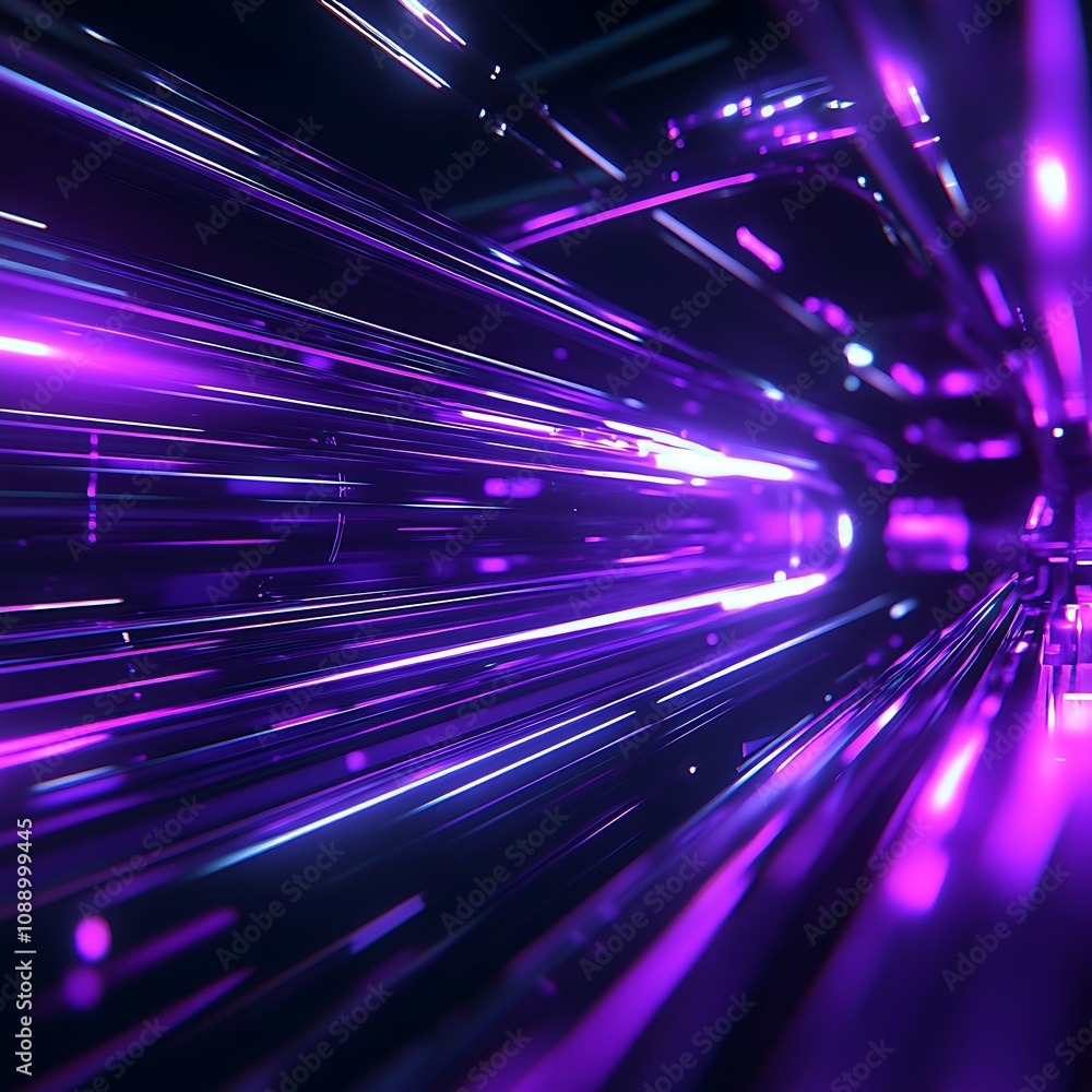 Poster futuristic abstract light trails in purple and blue hues with a sense of speed through a digital spa