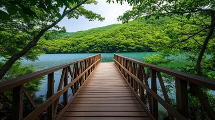 Serene Wooden Bridge Overlooking Calm Lake Surrounded by Lush Green Forest and Vibrant Nature Under Clear Sky on a Tranquil Day
