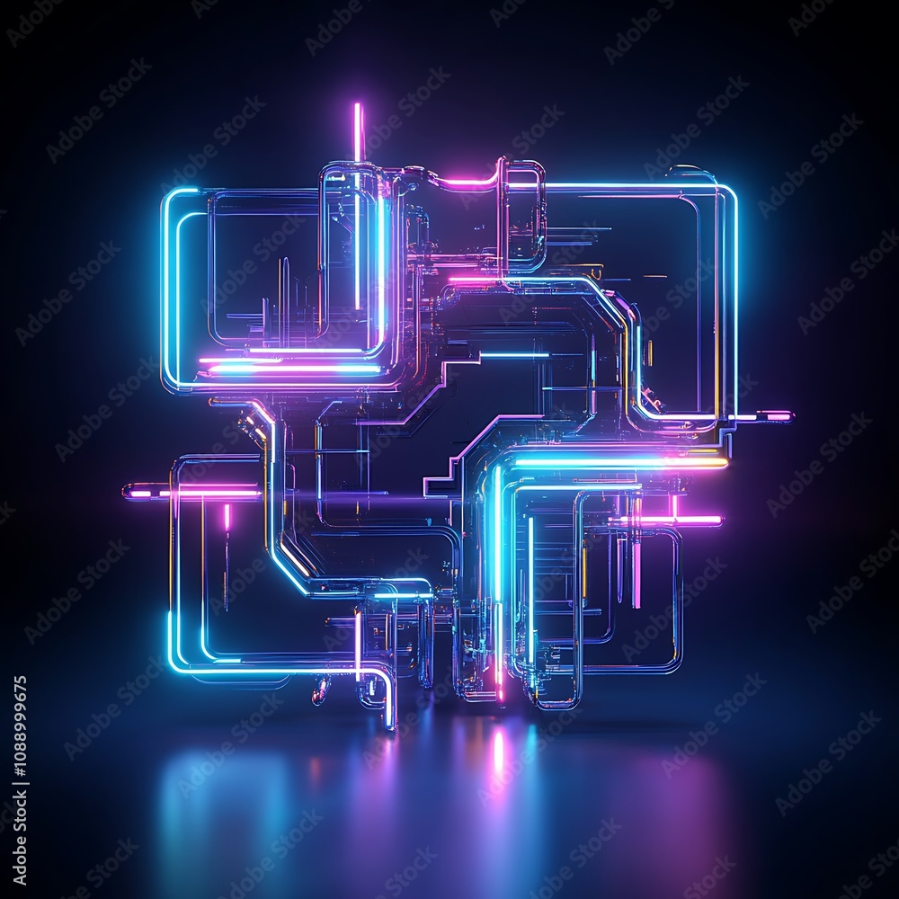 Poster futuristic abstract neon circuit design with glowing lights and sharp edges in a dark background, pe