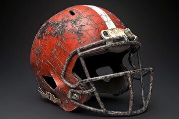 Fototapeta premium A vintage football helmet showcasing wear and tear. Its cracked paint tells stories of intense games. A symbol of sportsmanship and endurance. Generative AI