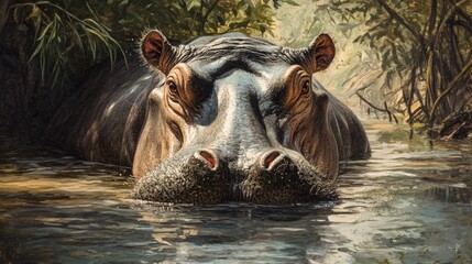 Fototapeta premium Majestic Hippopotamus in Tranquil River Setting: A Wildlife Masterpiece
