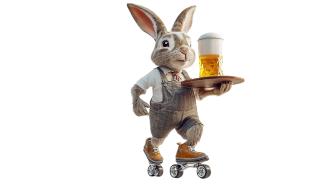 Rabbit is serving beer white background