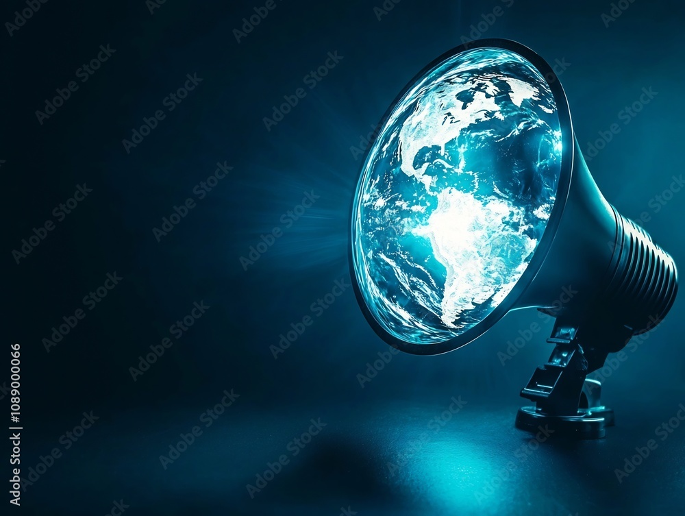 Aufkleber glowing megaphone shaped globe amplifying voices of global unity and