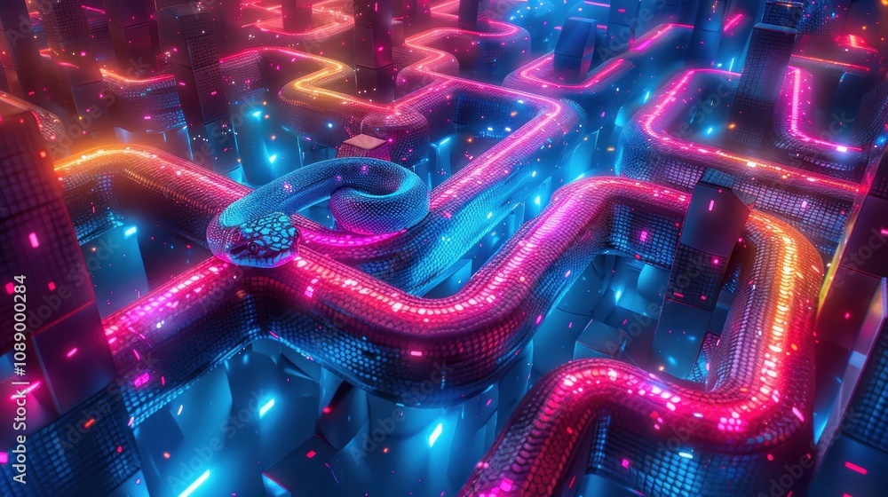 Aufkleber a snake crawls through a neon maze with glowing lines and structures.
