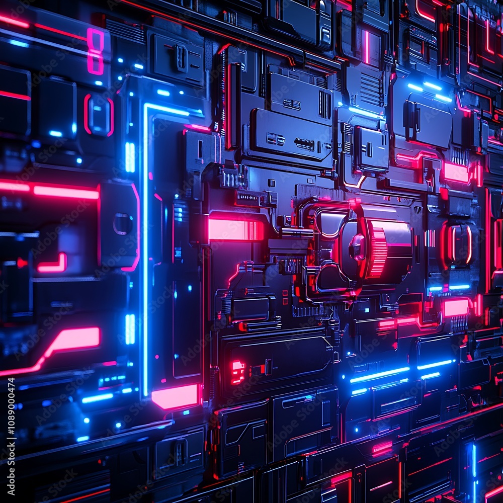 Poster futuristic abstract technology background with glowing neon elements in blue and red colors, perfect