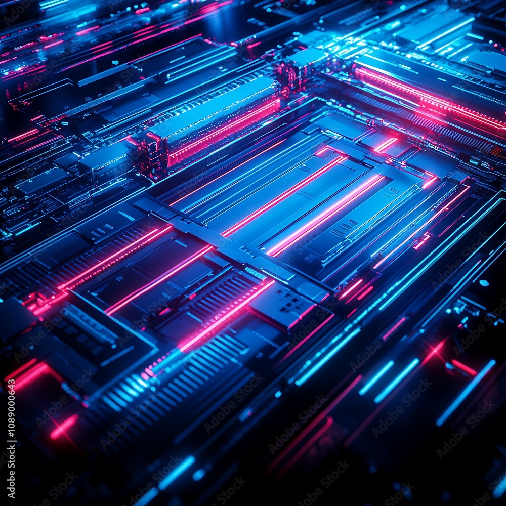 Poster futuristic abstract technology background with neon lights and circuit board patterns for digital th