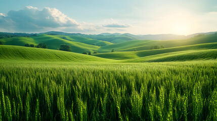Obraz premium A breathtaking photography of a vast, lush green field stretching to the horizon, with tall grass swaying gently under a clear blue sky, framed by distant rolling hills.
