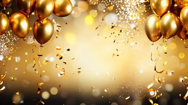 Christmas golden background with balloons, confetti and streamers . Holiday celebration glowing bokeh lights backdrop.	