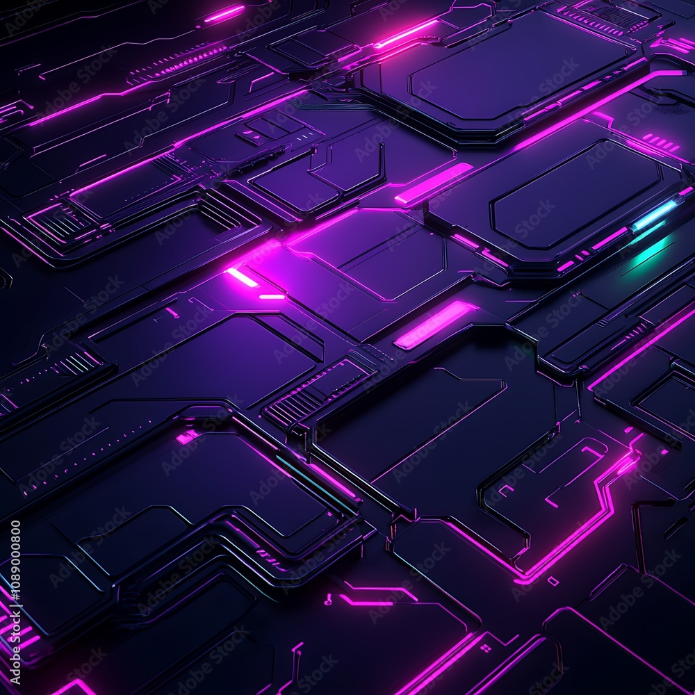 Poster futuristic abstract technology background with neon lines and geometric shapes in dark color palette