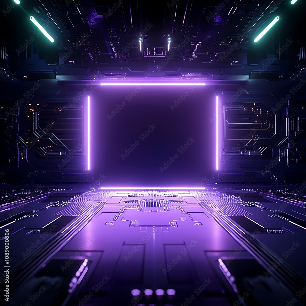 Poster futuristic abstract technology scene with neon purple glow and circuit board design creating a high-