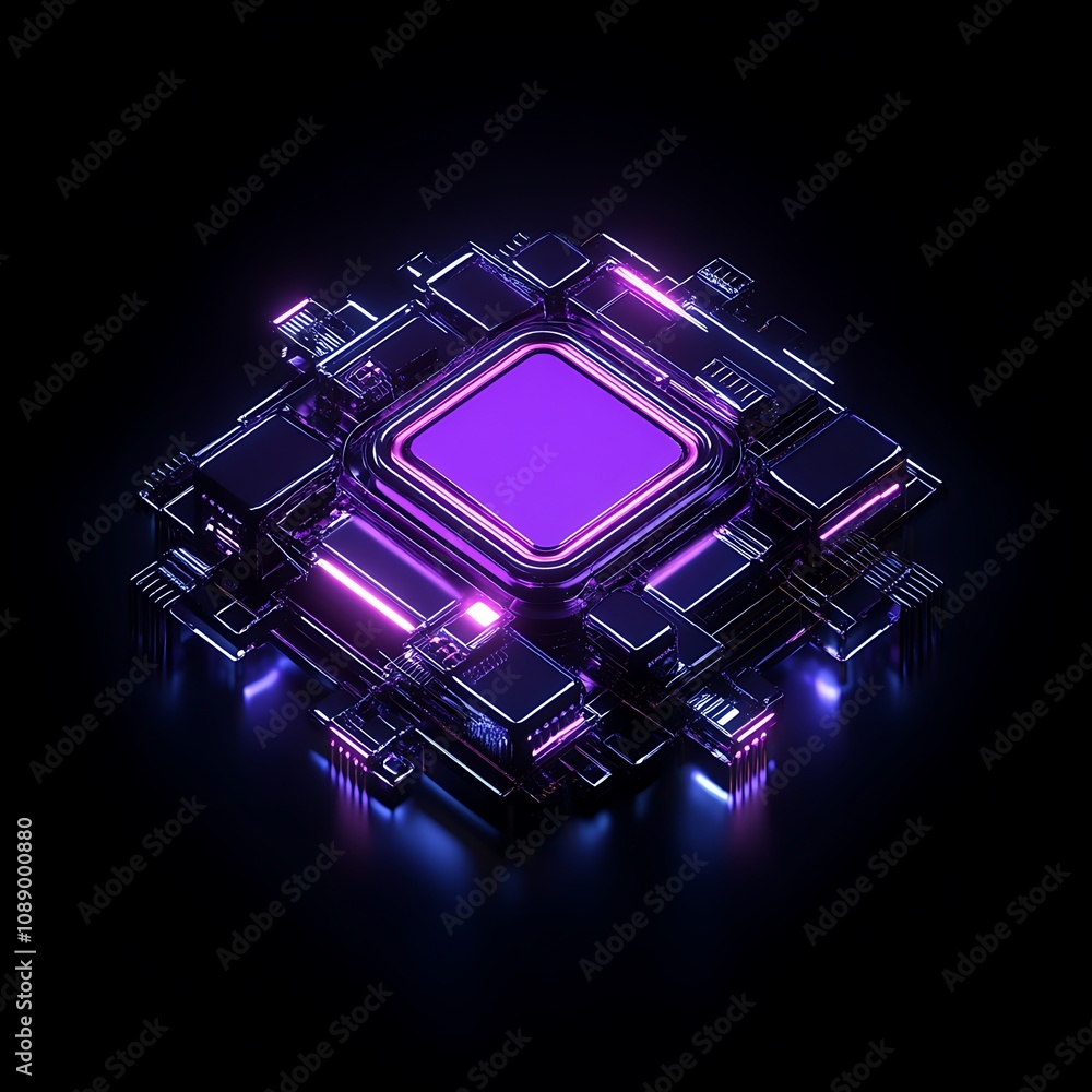 Poster futuristic abstract technology design featuring neon circuit board elements and a central square ico