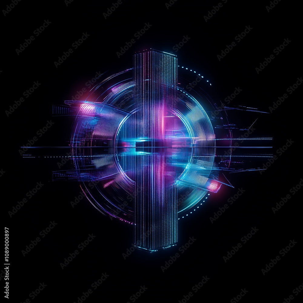 Poster futuristic abstract technology visualization with vibrant colors and light trails representing digit