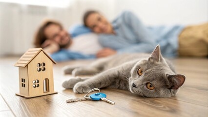 Naklejka na ściany i meble A gray cat lying near a key and house model, with a happy couple in the background. Symbolizes family, homeownership, and cozy living, highlighting the role of pets in family life.