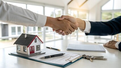 Two people shaking hands over a desk with house model and keys, symbolizing a real estate deal, contract signing, or successful negotiation. Bright office setting emphasizes professionalism.