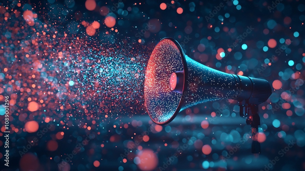 Poster megaphone surrounded by glowing digital particles broadcasting in virtual reality space