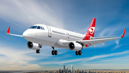 Obraz premium Create a vector In which a white colored airplane photo of a white airplane flying in the blue sky with clouds, banner for a web design or travel company, wide format, copy space concept, 