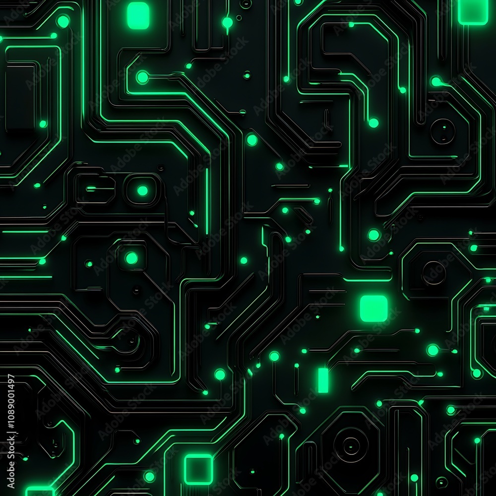 Poster futuristic circuit board background with glowing green lights and intricate patterns ideal for techn