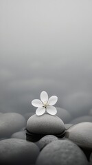 A white flower lies on a smooth pebble in a softly lit gray setting, evoking tranquility