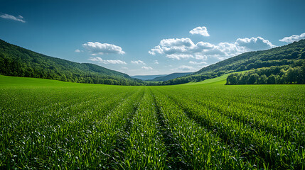 A breathtaking photography of a vast, lush green field stretching to the horizon, with tall grass swaying gently under a clear blue sky, framed by distant rolling hills.