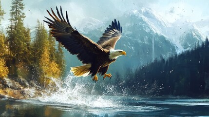 Fototapeta premium Majestic Bald Eagle in Flight Over a Mountain Lake