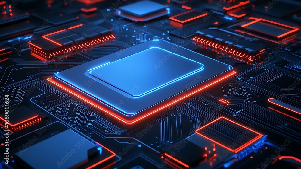 Poster futuristic circuit board design featuring high-tech processors and illuminated lines in glowing red 
