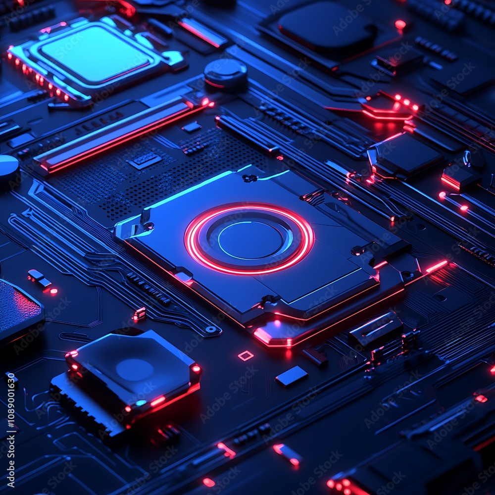 Poster futuristic circuit board design with illuminated elements and high-tech features, showcasing modern 