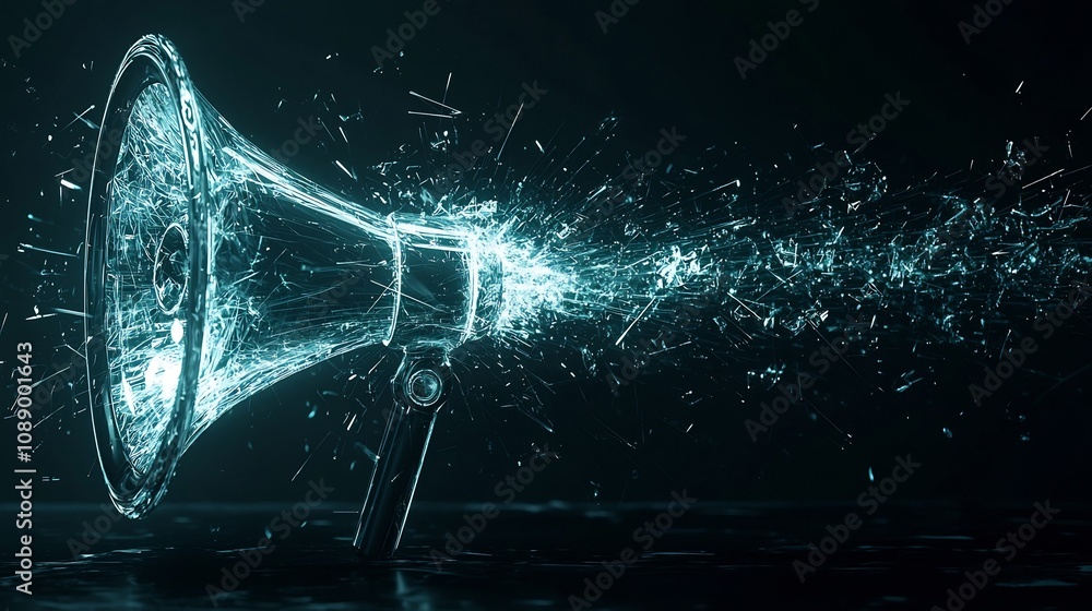 Poster glowing glass megaphone projecting shattering sound waves representing the power of transparent comm