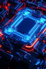 Fototapeta premium Futuristic Circuit Board Design Featuring Blue and Red Neon Lighting, Abstract Technology Background with Glowing Elements and Intricate Structures
