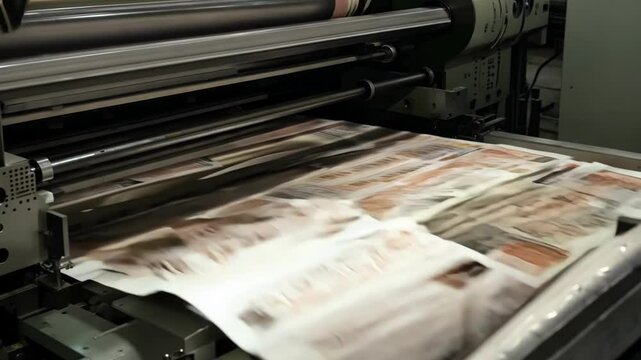 Newspapers being printed on a modern press, symbolizing media, communication, and information. Perfect for journalism or publishing themes.