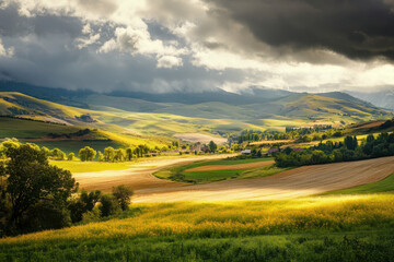 Fototapeta premium Vibrant countryside landscape with rolling green hills and cloudy skies, illuminated by dramatic sunlight.