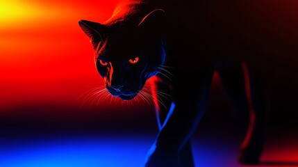 A sleek black panther walking forward, partially illuminated by deep blue and orange neon lights, with glowing eyes and a background of dark, vibrant neon gradients.